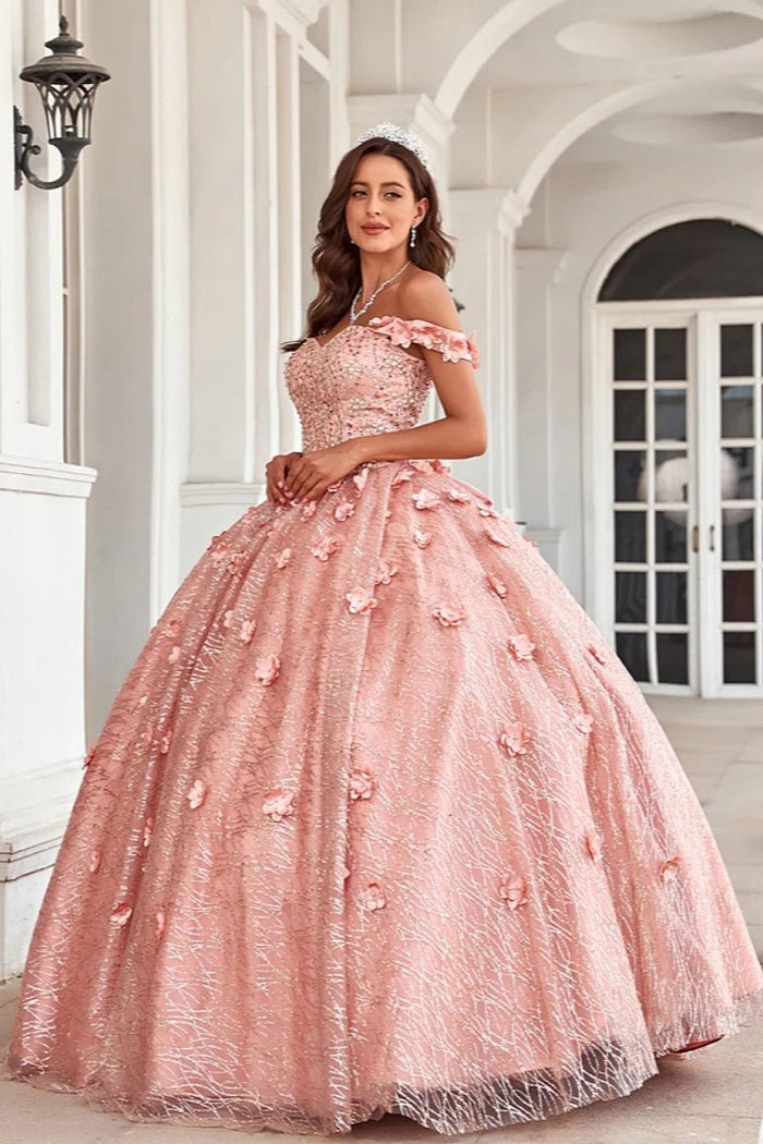 Eve | Gorgeous Glitter Pink Flower Quinceanera Dresses for Unforgettable Events - Pink - PromDressClub