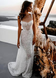 Eve | Sparkly A Line Spaghetti Strap Long White Sequin Wedding Dress Train - White - PROMDRESS Club