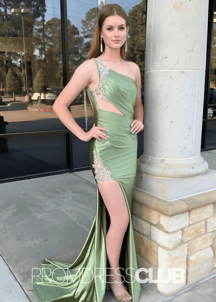 Evelyn |Mermaid Sage Green Prom Dresses Long One Shoulder with Slit - Sage - PromDressClub