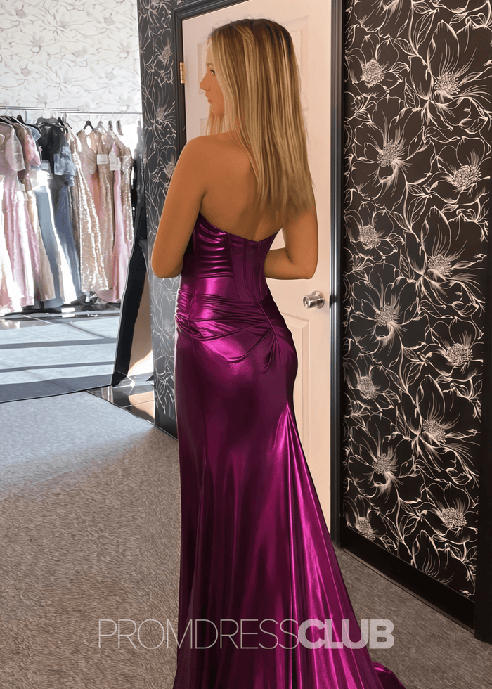 Faithe |Long Fuchsia Prom Dress Metallic With Mermaid Sweetheart Strapless Empire Side Split - Fuchsia - PromDressClub