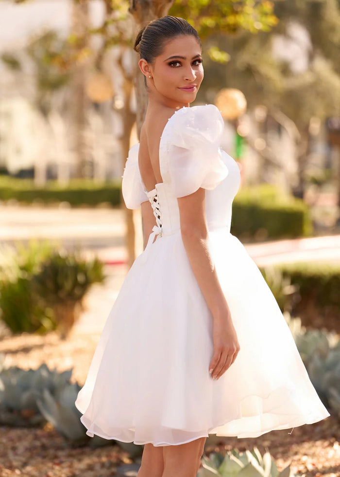 Faithe | Sexy A Line Square Neck Pearl Puff Sleeve Short Wedding Reception Dress for Bride - Price #price_variant_lowest# - White - PromDressClub