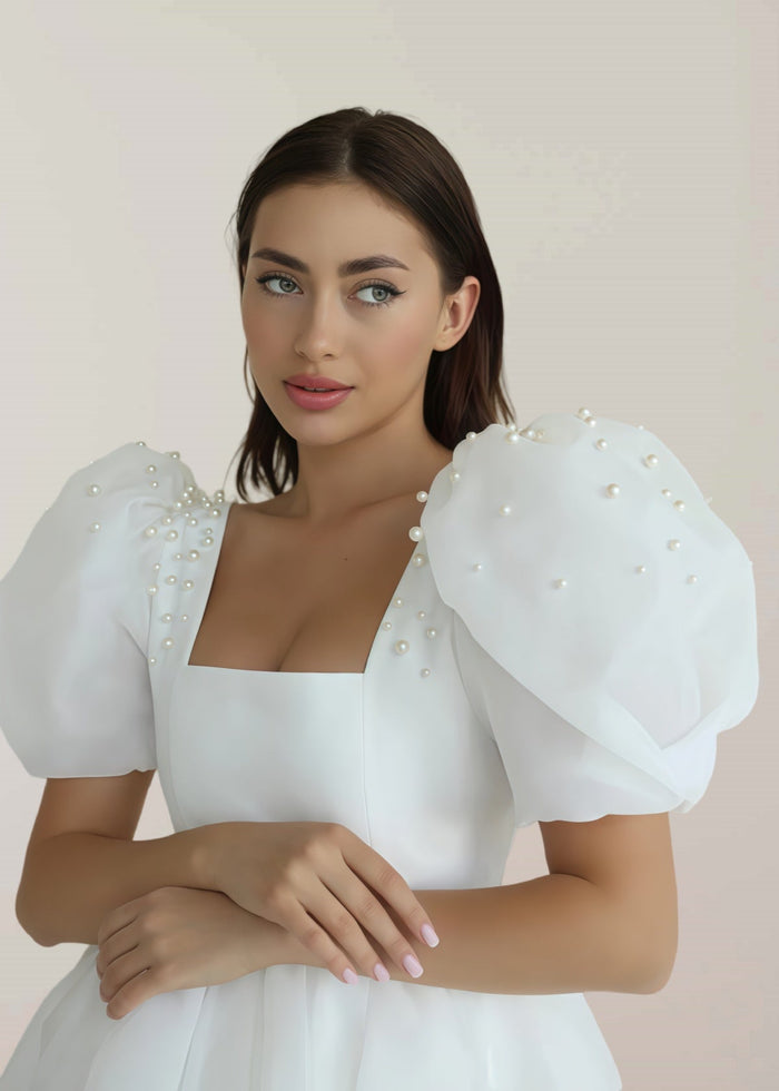 Faithe | Sexy A Line Square Neck Pearl Puff Sleeve Short Wedding Reception Dress for Bride - Price #price_variant_lowest# - White - PromDressClub
