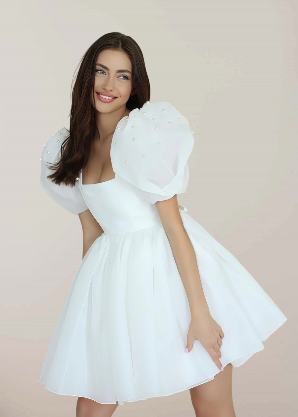 Faithe | Sexy A Line Square Neck Pearl Puff Sleeve Short Wedding Reception Dress for Bride - White - PROMDRESS Club