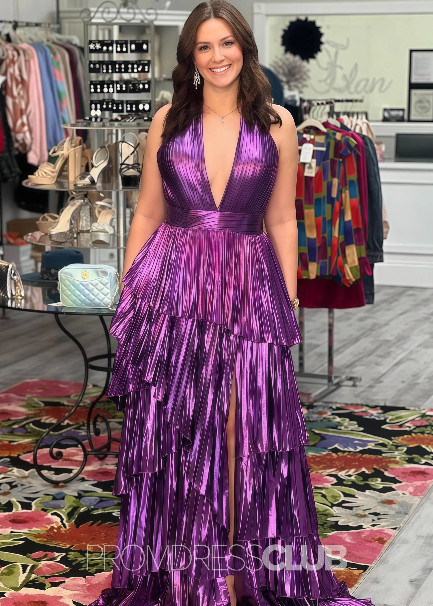 Fanny |Long Purple Prom Dress Metallic With A Line V - Neck Sleeveless Side Split - Purple - US0 - PromDressClub