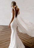 Fanny | Mermaid V Neck Backless Long White Satin Wedding Dress Detachable Train - White - PROMDRESS Club