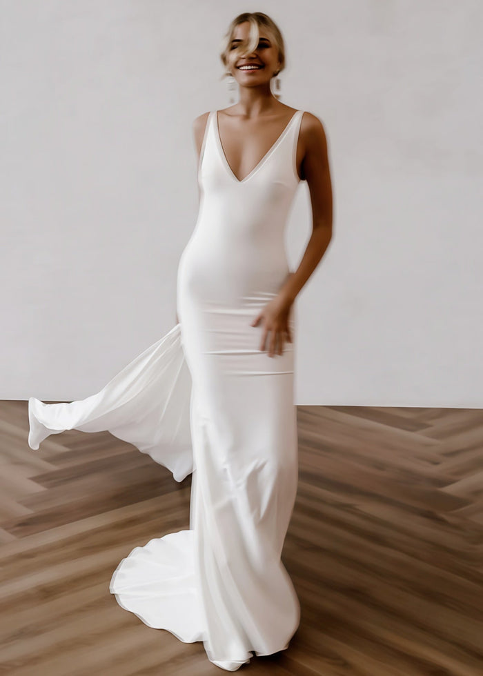 Fanny | Mermaid V Neck Backless Long White Satin Wedding Dress Detachable Train - Price #price_variant_lowest# - White - PromDressClub