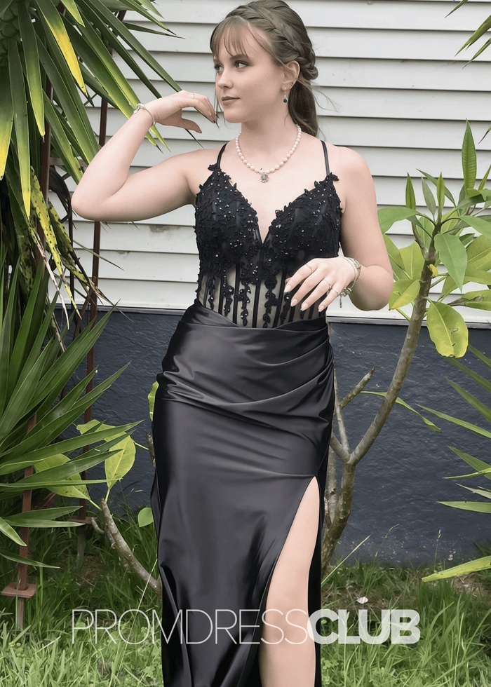 Fay |Mermaid Navy Blue Prom Dresses Long V Neck with Slit - Black - PromDressClub