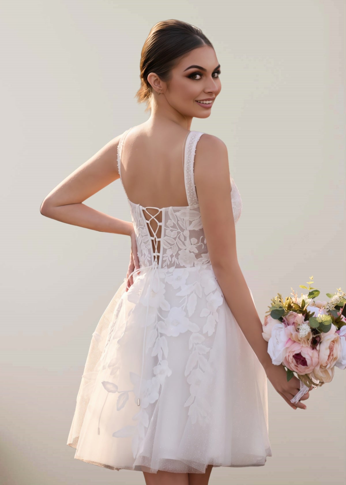 Fay | Romantic A Line Spaghetti Strap Appliques Lace Short White Wedding Reception Dress with Sweetheart Neck - White - PROMDRESS Club