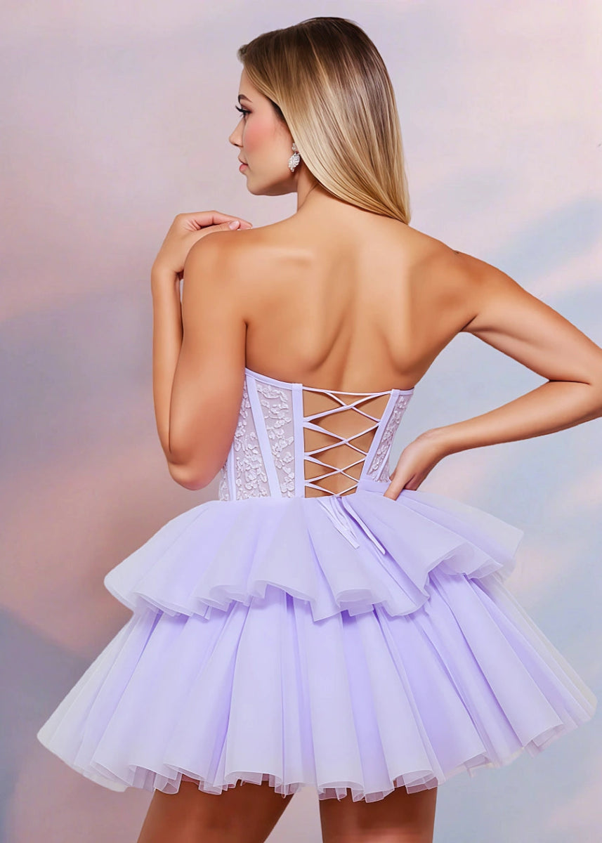 Ferelith | Light Purple Homecoming Dress with Lace - Up Back & Ruffled Skirt – Dance in Comfort & Style - Light Purple - PromDressClub