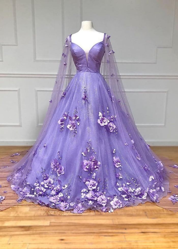 Flora | Lavender Light Blue Princess V Neck Backless 3D Flower Formal Dress with Cape Sleeves - Lavender - PromDressClub