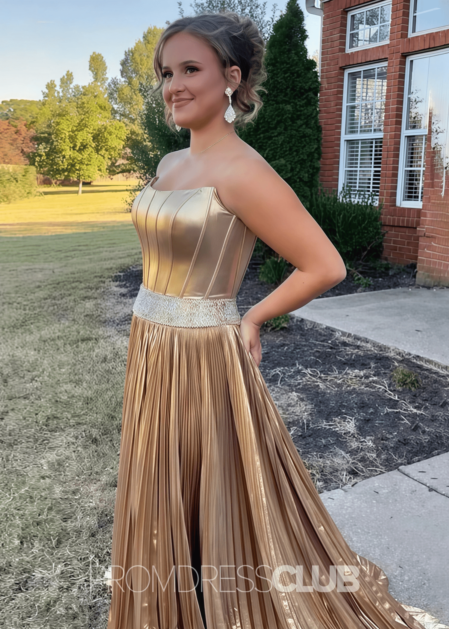 Flora |Long Gold Prom Dress Metallic With A Line Strapless Beaded Slide Split - Gold - US0 - PromDressClub