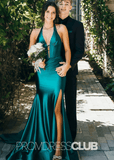 Flora | Mermaid Emerald Green Prom Dresses Long Halter with Slit - Emerald Green - PromDressClub