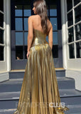 Florence |Long Gold Prom Dress Metallic With A Line Sweetheart Pleated Split - Gold - US0 - PromDressClub