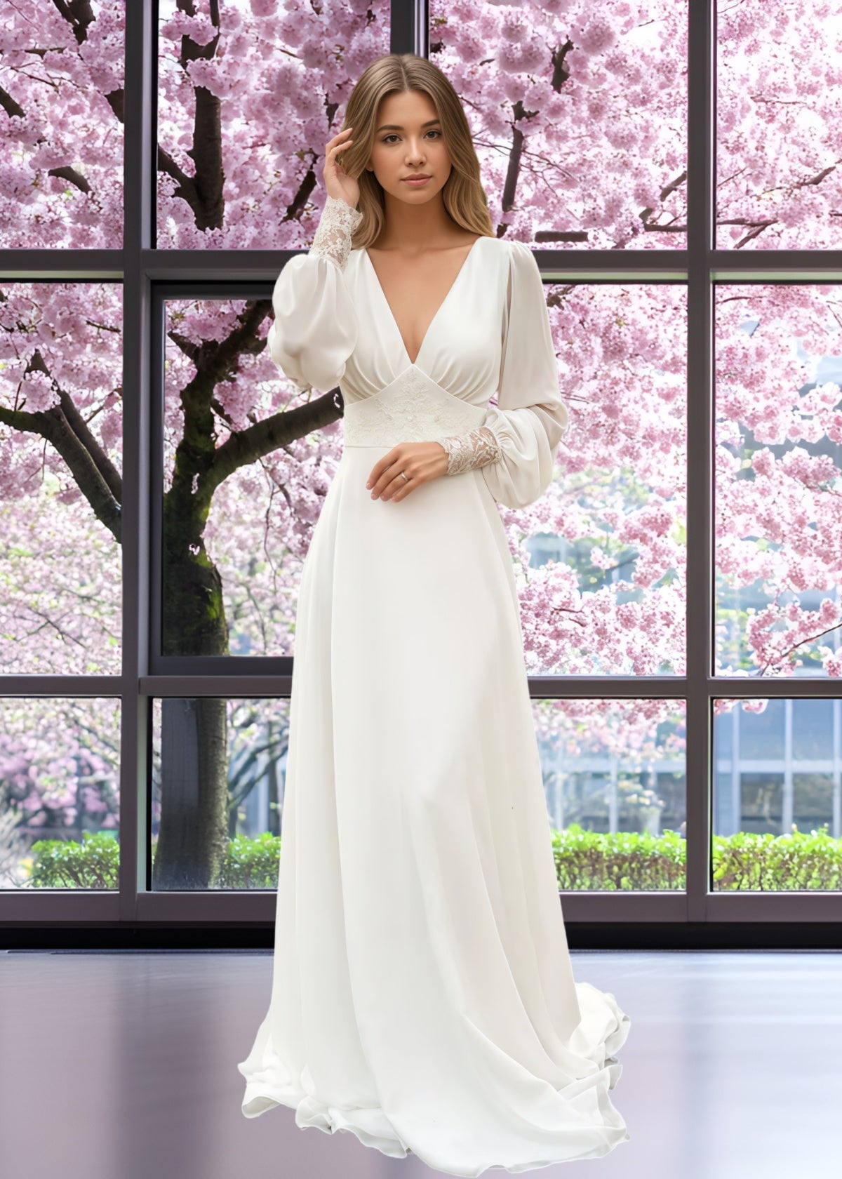 Frances | A Line Long Sleeve Appliques Lace Corset Chiffon Wedding Dress Train with V Neck - White - PROMDRESS Club