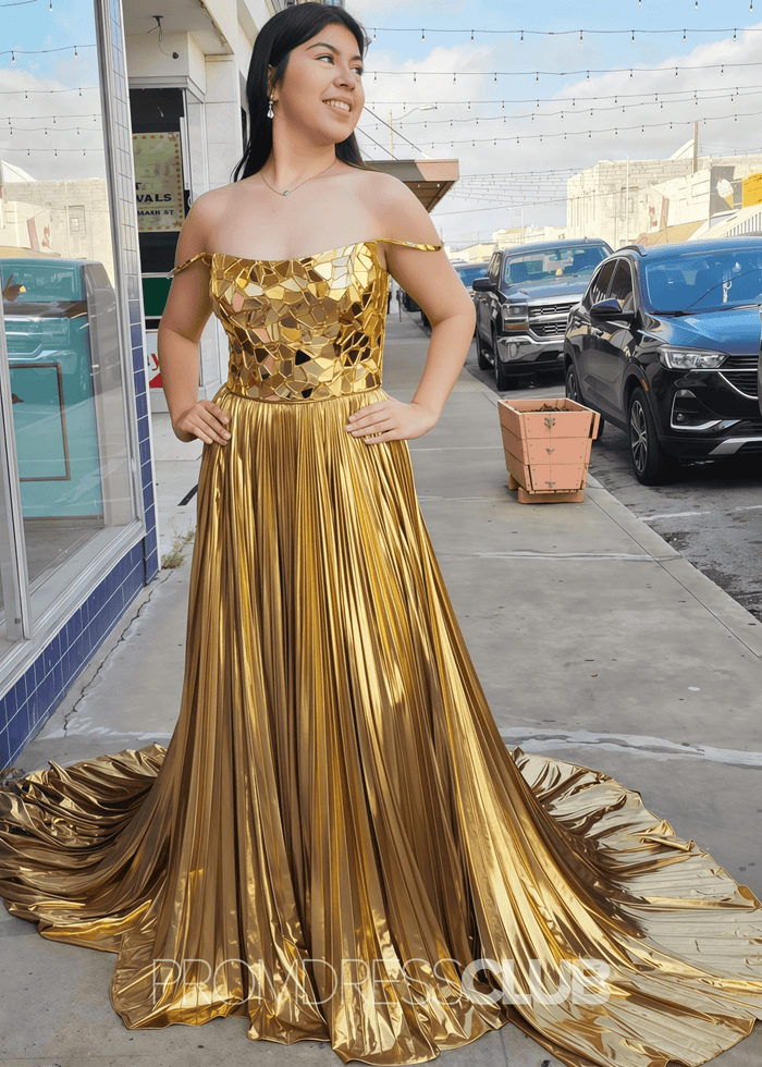 Frances |Long Silver Prom Dress Metallic With A Line Off The Shoulder Pleated Broken Mirrors - Gold - PromDressClub