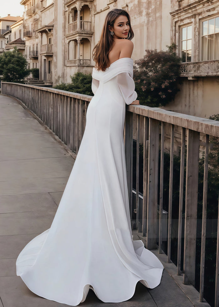 Freda | Trumpet/Mermaid Puff Long Sleeve Satin Wedding Dress with Off the Shoulder - Price #price_variant_lowest# - White - PromDressClub