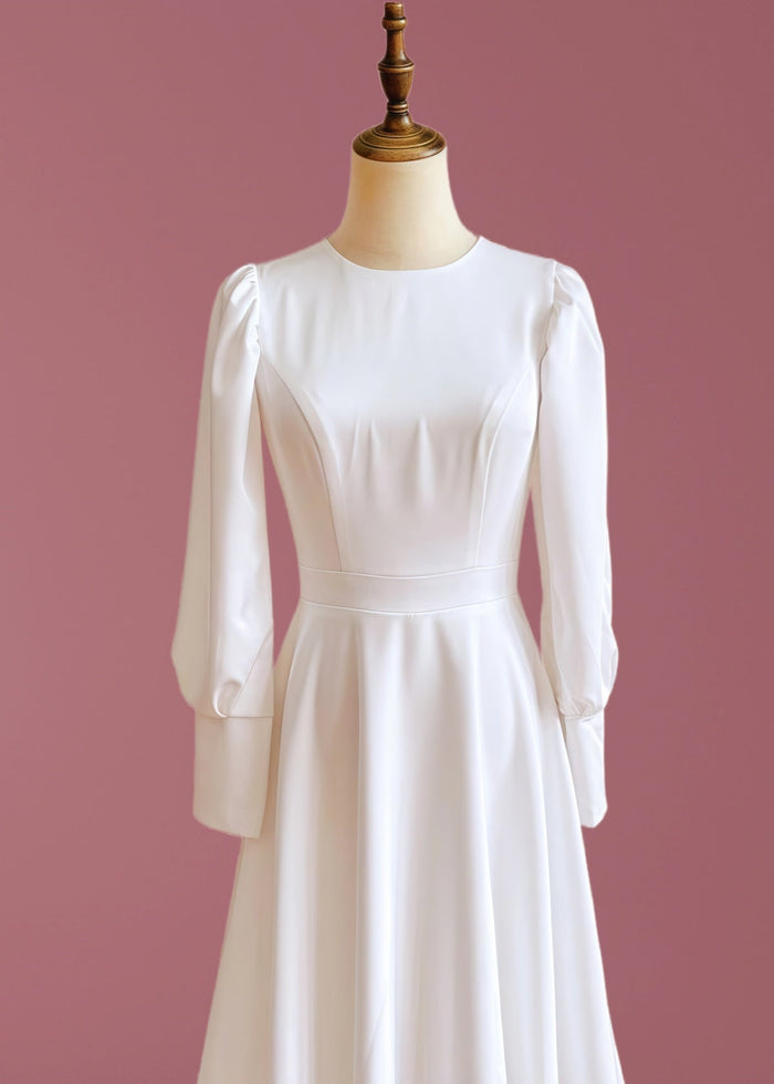 Gabrielle | Classic A Line Long Sleeve High Neck Wedding Dress Court Train with Vintage Gown - Price #price_variant_lowest# - White - PromDressClub