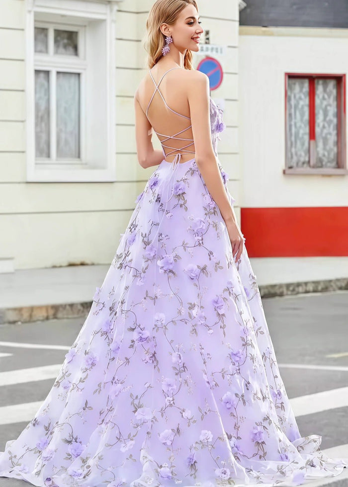 Gabrielle | Lavender Flower Formal Dress – Stunning Corset Floral Prom Dress for Elegant Occasions - Light Blue Floral - PromDressClub