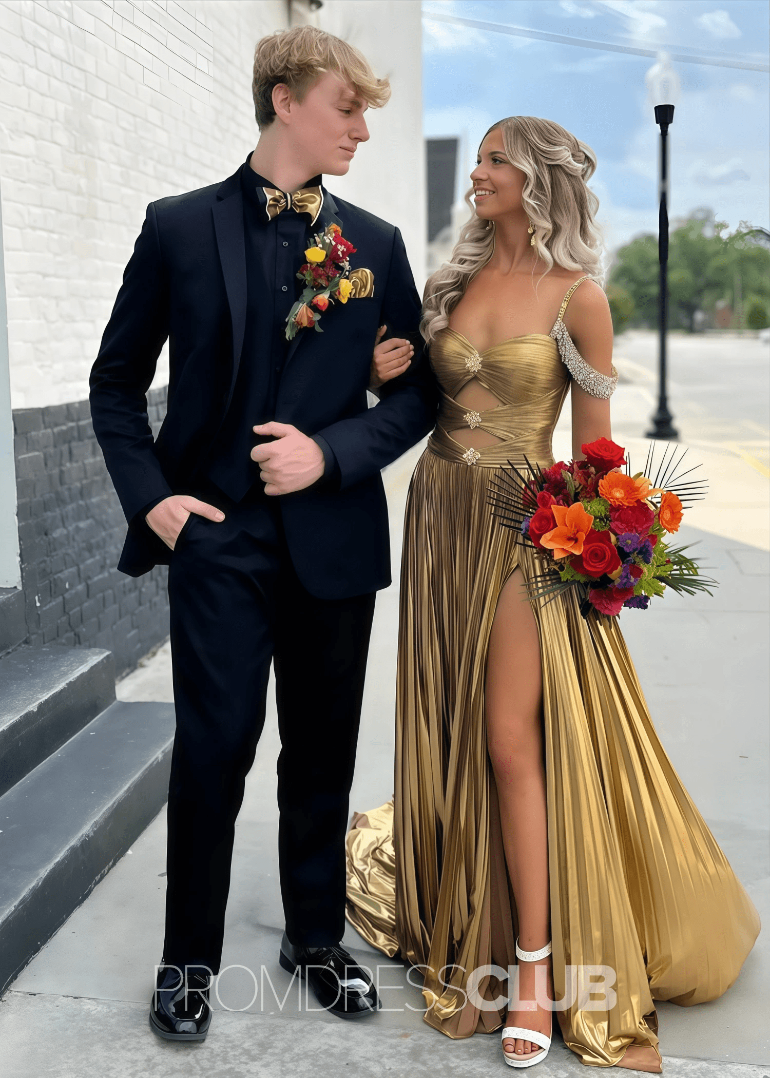 Gabrielle |Long Gold Prom Dress Metallic With A Line Off the Shoulder Pleated Split - Gold - US0 - PromDressClub