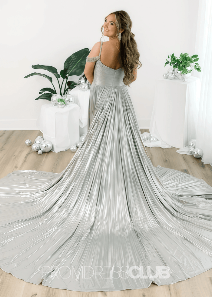 Gabrielle |Long Gold Prom Dress Metallic With A Line Off the Shoulder Pleated Split - Price #price_variant_lowest# - Silver - PromDressClub