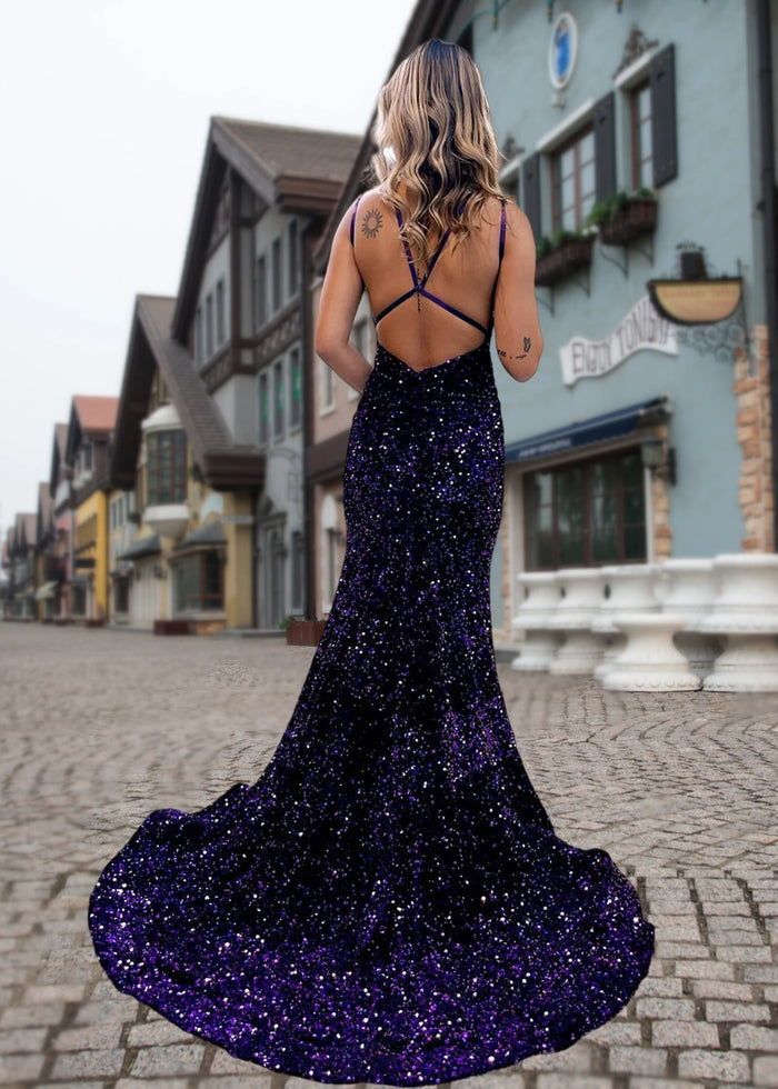 Gabrielle | Dark Blue Sequin Mermaid V Neck Open Back Prom Dress Split - Dark Blue - PromDressClub