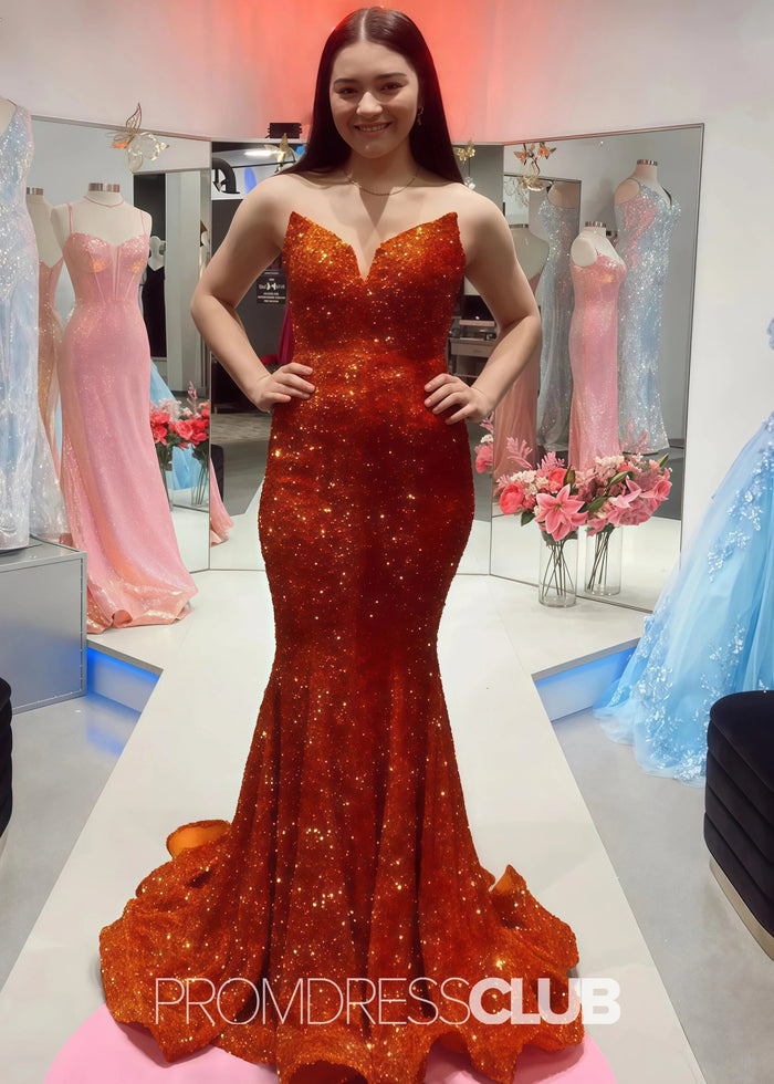Gemma |Long Black Prom Dresses Near Me With Mermaid Sweetheart Sequins - Orange - PromDressClub