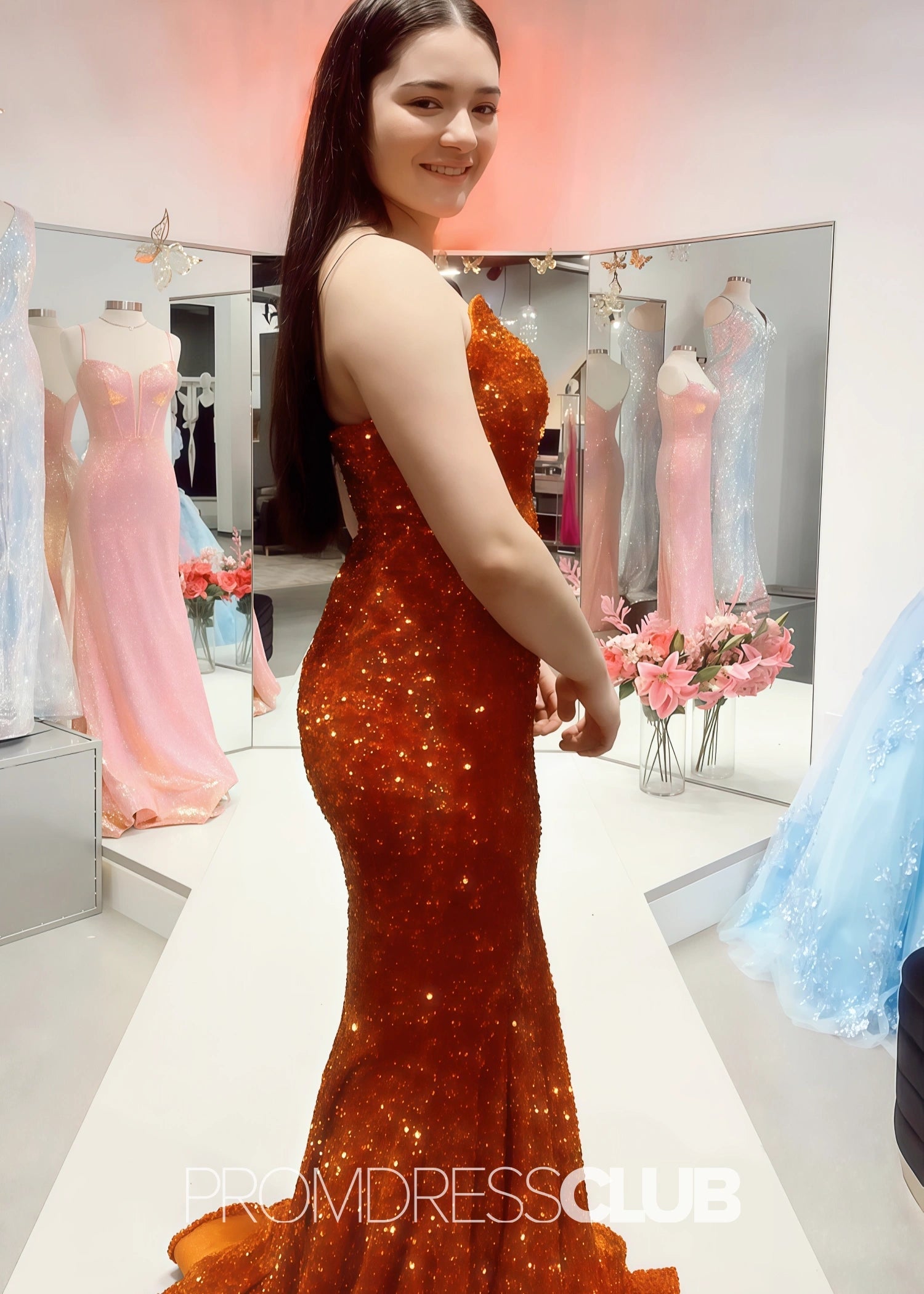 Gemma |Long Black Prom Dresses Near Me With Mermaid Sweetheart Sequins - Orange - US0 - PromDressClub