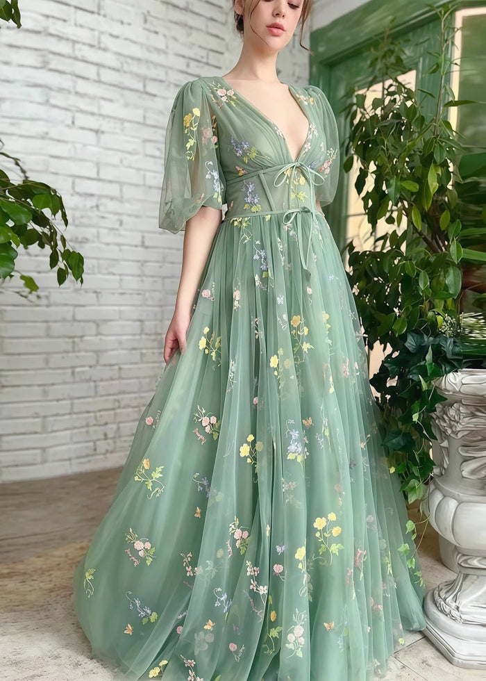 Genevieve | Elevate Your Elegance with Our Sage Green Floral Short Sleeve Corset Formal Dress – Design for Memorable Occasions - Sage Floral - PromDressClub