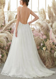 Georgia | A Line Spaghetti Strap Open Back Lace Long White Wedding Dress With Court Train - White - PROMDRESS Club