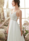 Georgia | A Line Spaghetti Strap Open Back Lace Long White Wedding Dress With Court Train - White - PROMDRESS Club