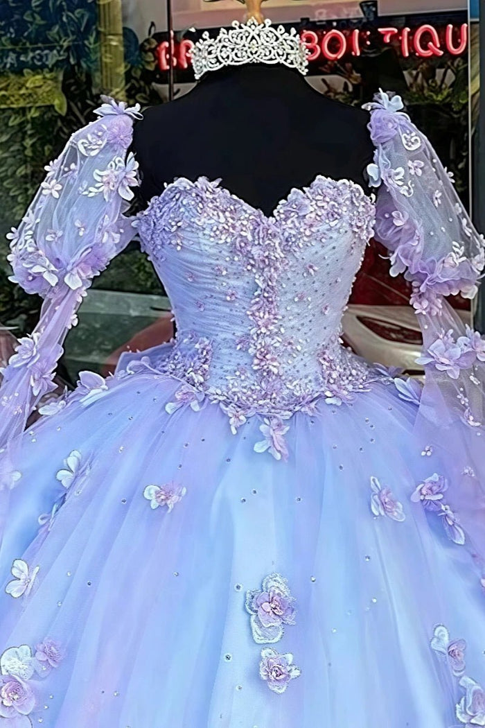 Georgia | Stunning Light Blue Flower Quinceanera Dresses with Sleeves for Sweet 16 Party - Light Blue - PromDressClub