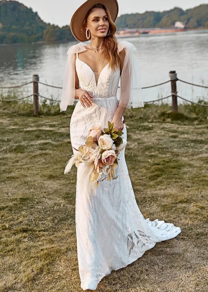 Geraldine | Boho Mermaid V Neck Backless Lace Long White Wedding Dress Train with Bow - Price #price_variant_lowest# - White - PromDressClub