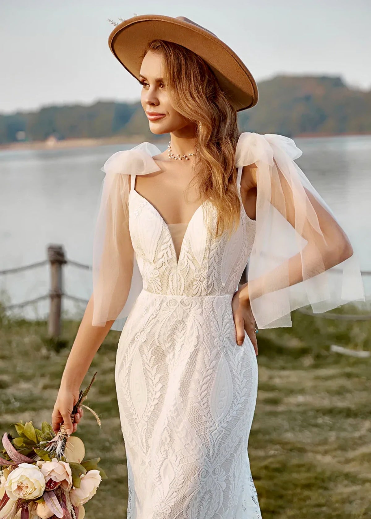 Geraldine | Boho Mermaid V Neck Backless Lace Long White Wedding Dress Train with Bow - White - PROMDRESS Club