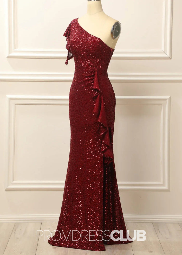 Geraldine |Long Burgundy Prom Dresses Near Me With Mermaid Sequins One Shoulder - Burgundy - PromDressClub