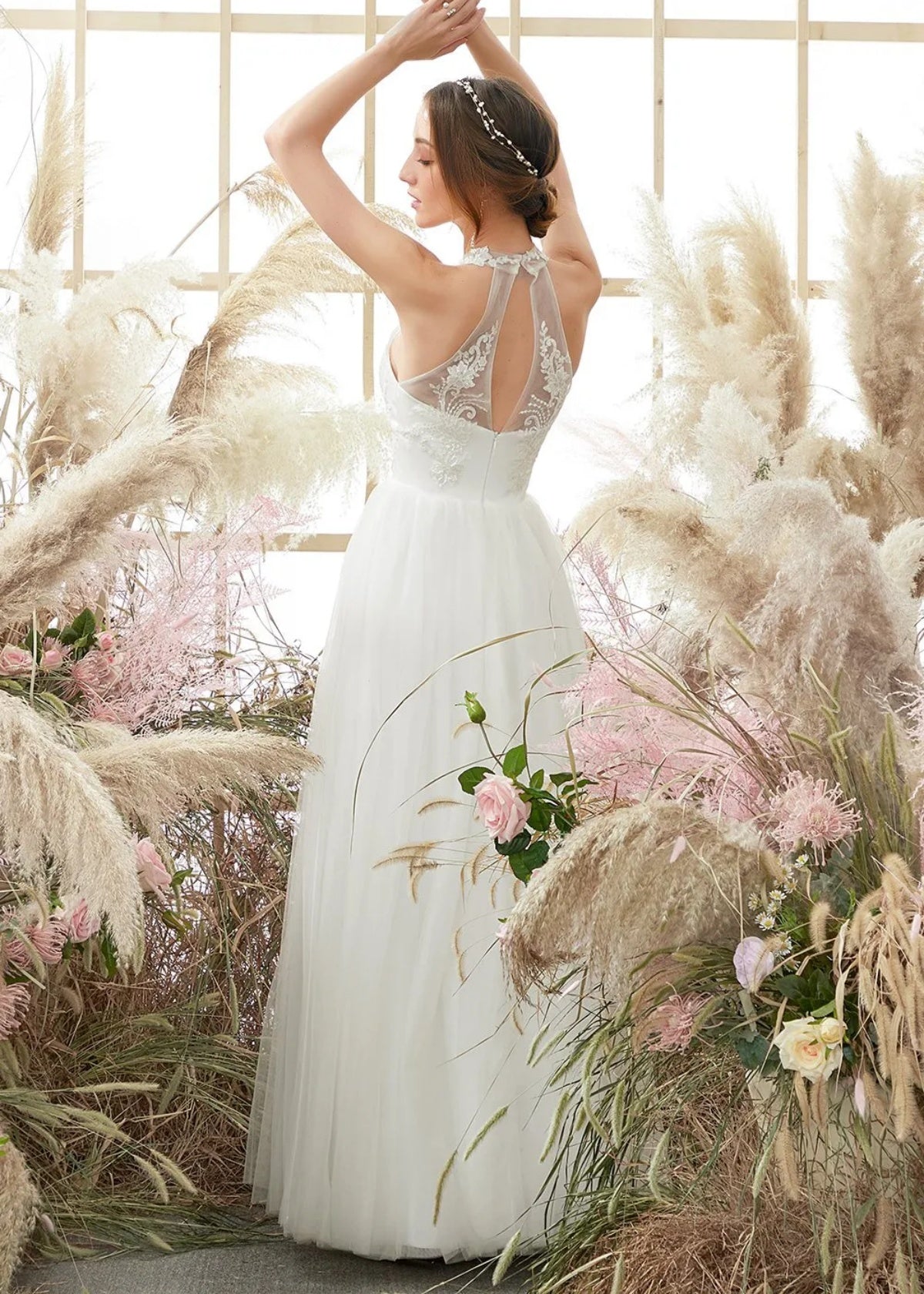 Gill | A Line Halter Neckline Open Back Long White Tulle Wedding Dress - White - PROMDRESS Club