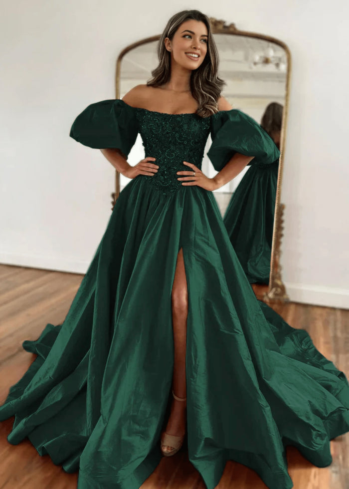 Gladys | A Line Long Red Black Strapless Off the Shoulder Satin Slit Formal dress with Puffy Sleeves - Dark Green - PromDressClub