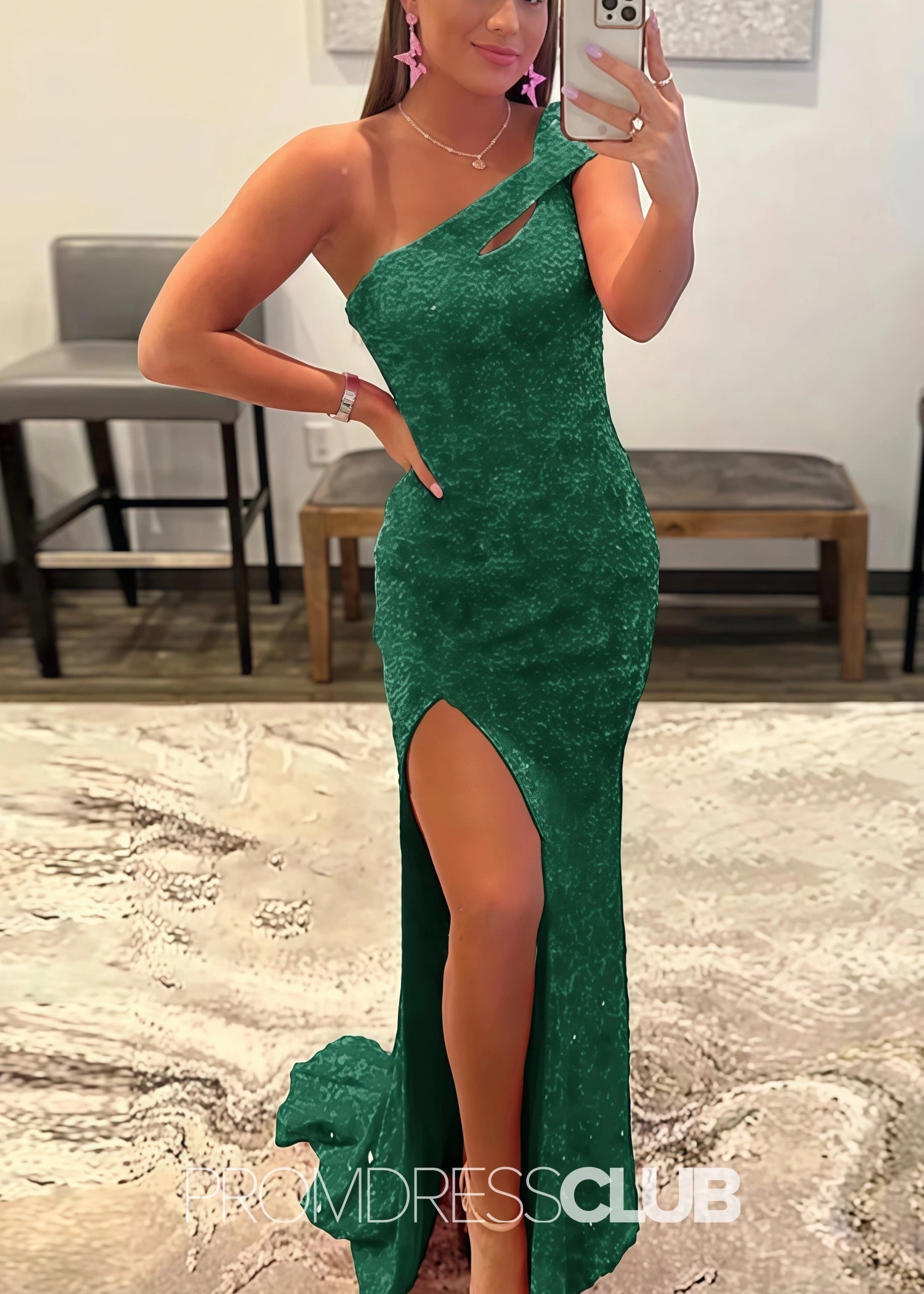 Gladys |Long Black Prom Dresses Near Me With Mermaid One Shoulder Sequins Split Formal Dresses - Dark Green - US0 - PromDressClub