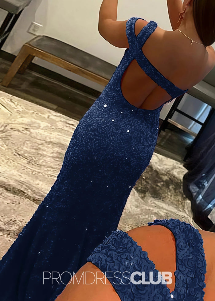 Gladys |Long Black Prom Dresses Near Me With Mermaid One Shoulder Sequins Split Formal Dresses - Price #price_variant_lowest# - Navy Blue - PromDressClub