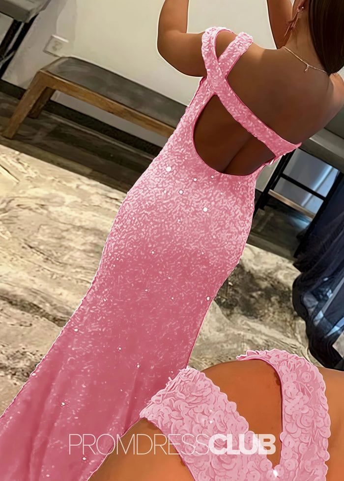 Gladys |Long Black Prom Dresses Near Me With Mermaid One Shoulder Sequins Split Formal Dresses - Price #price_variant_lowest# - Pink - PromDressClub