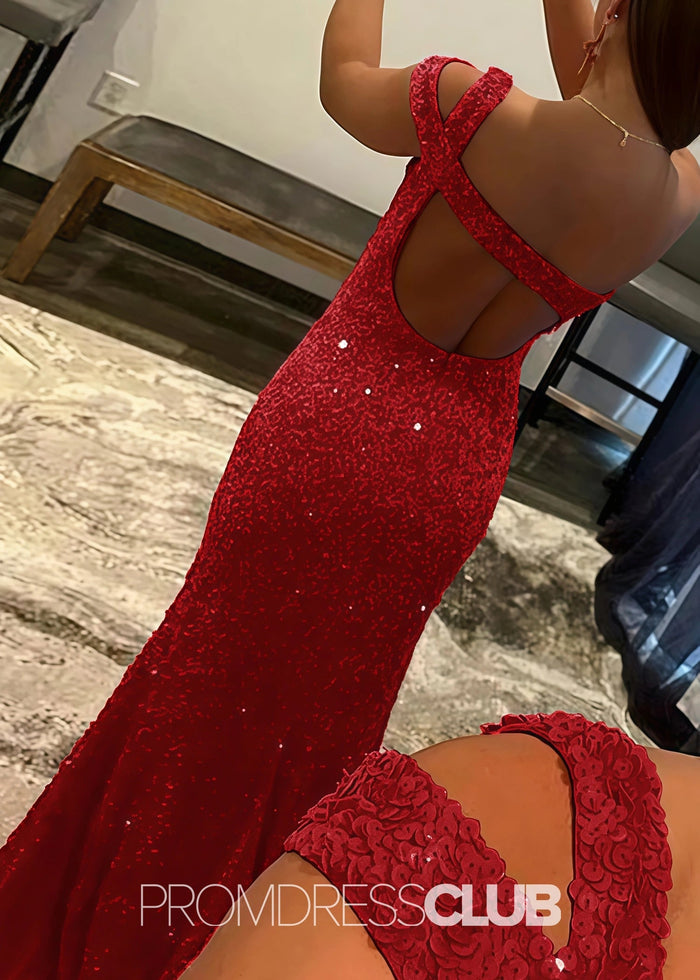Gladys |Long Black Prom Dresses Near Me With Mermaid One Shoulder Sequins Split Formal Dresses - Price #price_variant_lowest# - Red - PromDressClub