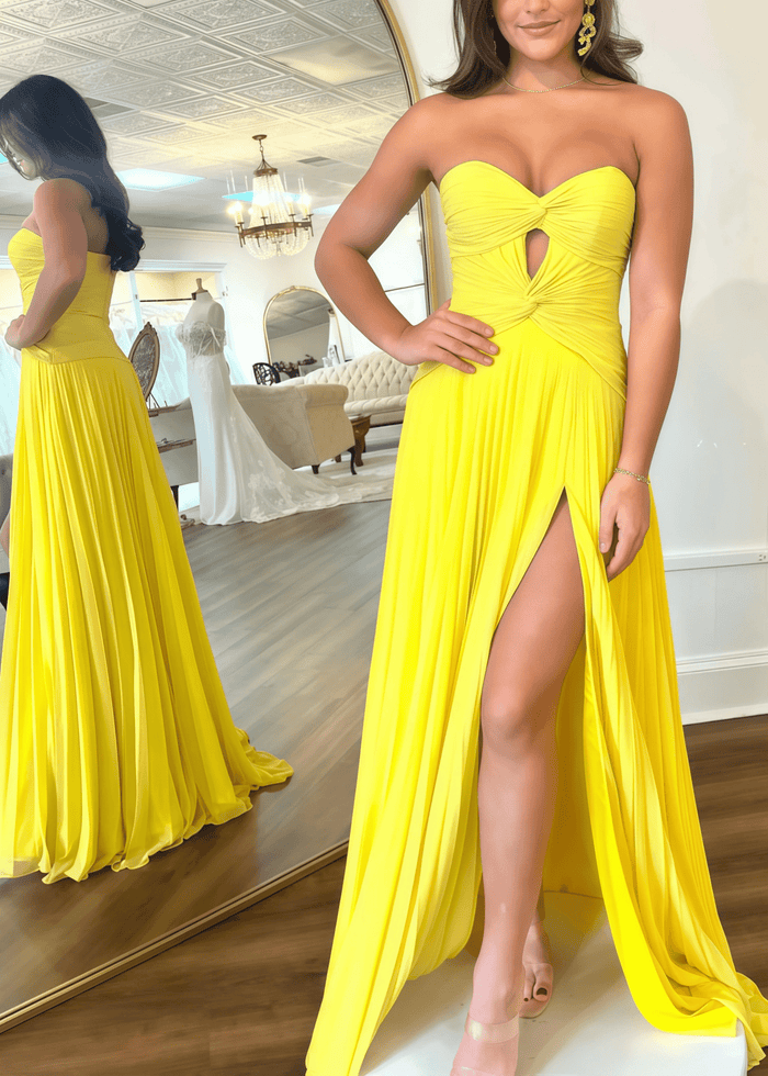 Gloria | Hot Pink A Line Strapless Corset Chiffon Formal Dress with Slit - Yellow - PromDressClub