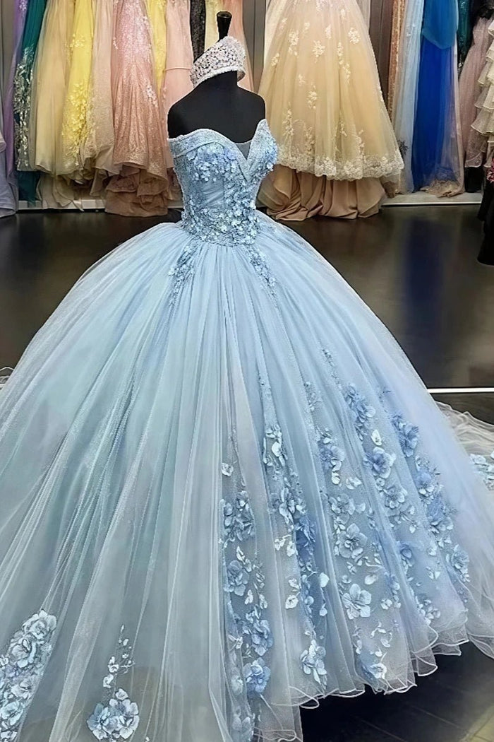 Gloria | Gorgeous Light Blue Quinceanera Flower Dresses for Unforgettable Sweet 16 - Blue - PromDressClub