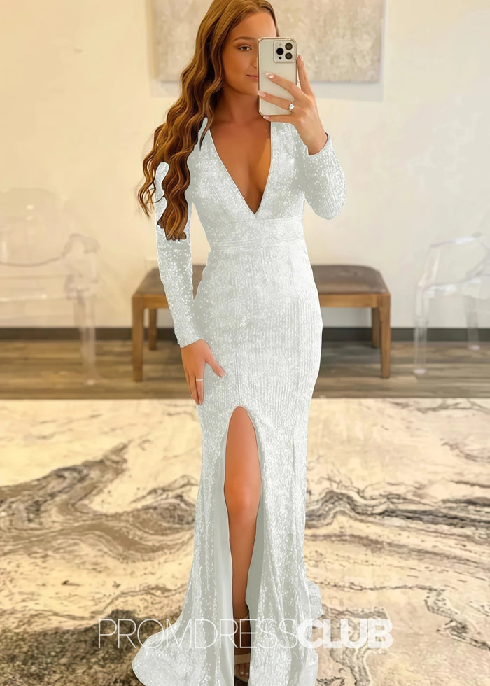 Gloria |Long Red Prom Dresses Near Me With Mermaid Deep V Neck Front Split Formal Dresses - Price #price_variant_lowest# - Ivory - PromDressClub