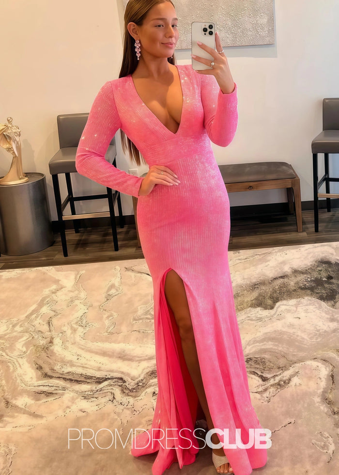 Gloria |Long Red Prom Dresses Near Me With Mermaid Deep V Neck Front Split Formal Dresses - Price #price_variant_lowest# - Pink - PromDressClub