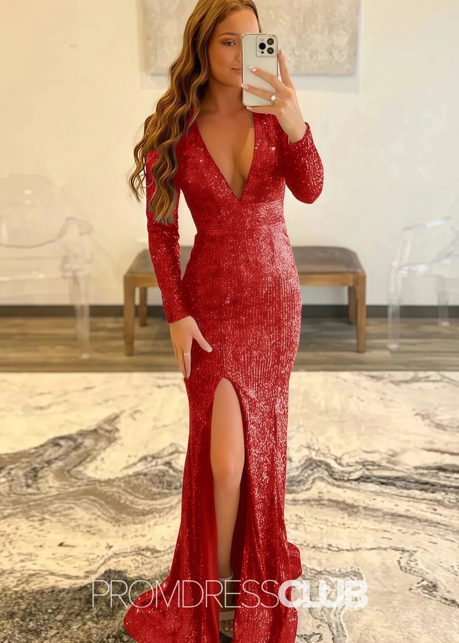 Gloria |Long Red Prom Dresses Near Me With Mermaid Deep V Neck Front Split Formal Dresses - Red - US0 - PromDressClub