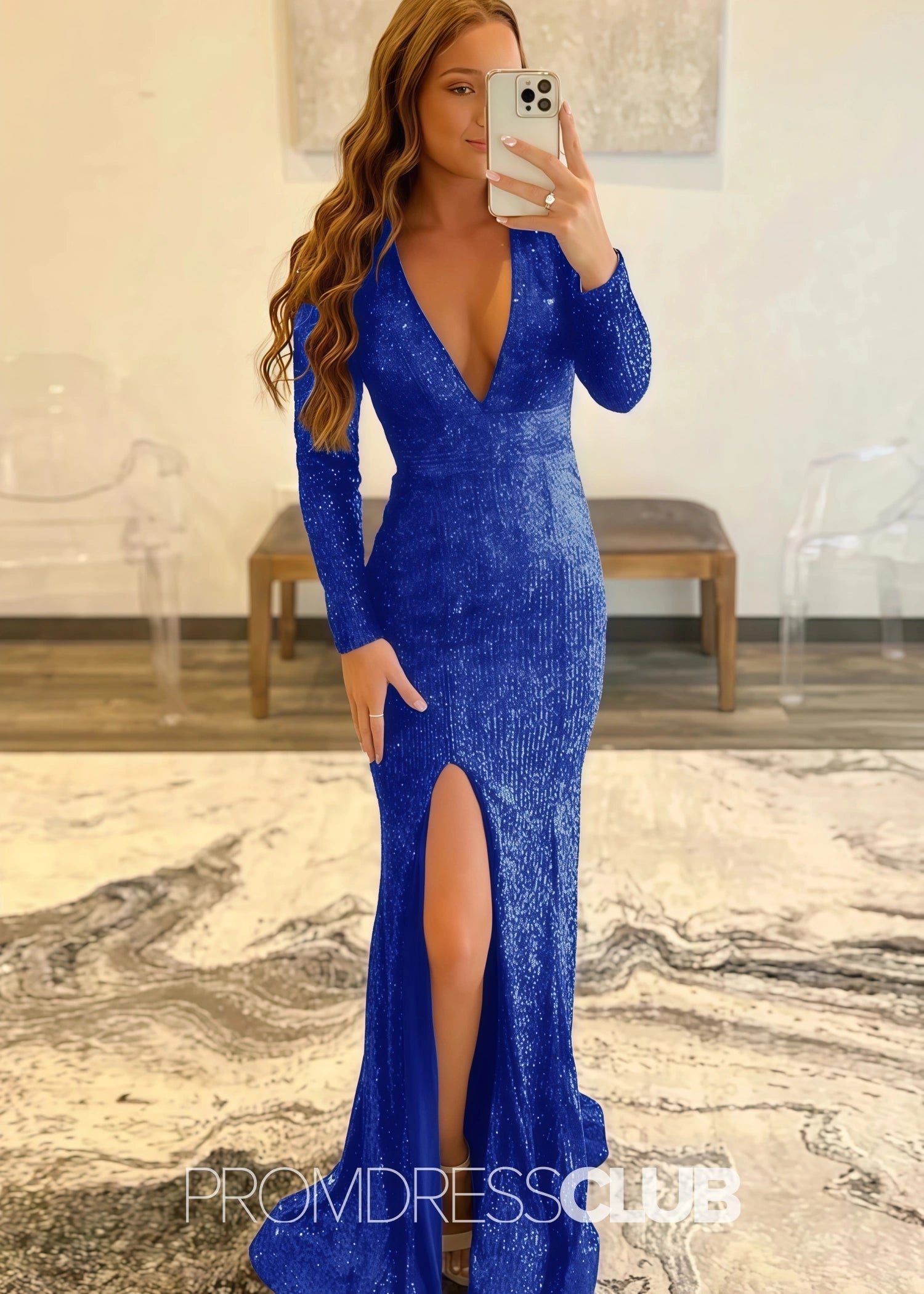 Gloria |Long Red Prom Dresses Near Me With Mermaid Deep V Neck Front Split Formal Dresses - Royal Blue - US0 - PromDressClub