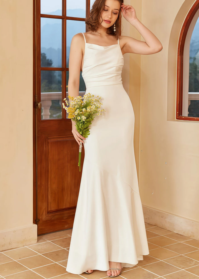 Grace | Boho Mermaid Square Neck Spaghetti Strap White Satin Wedding Dress with Backless - White - PromDressClub