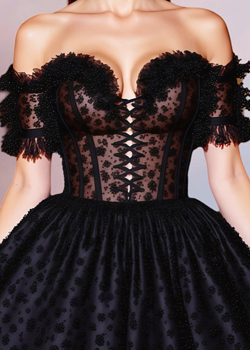 Guilhemine | Stunning Black Homecoming Dress: Off the Shoulder Charm - Black - PromDressClub