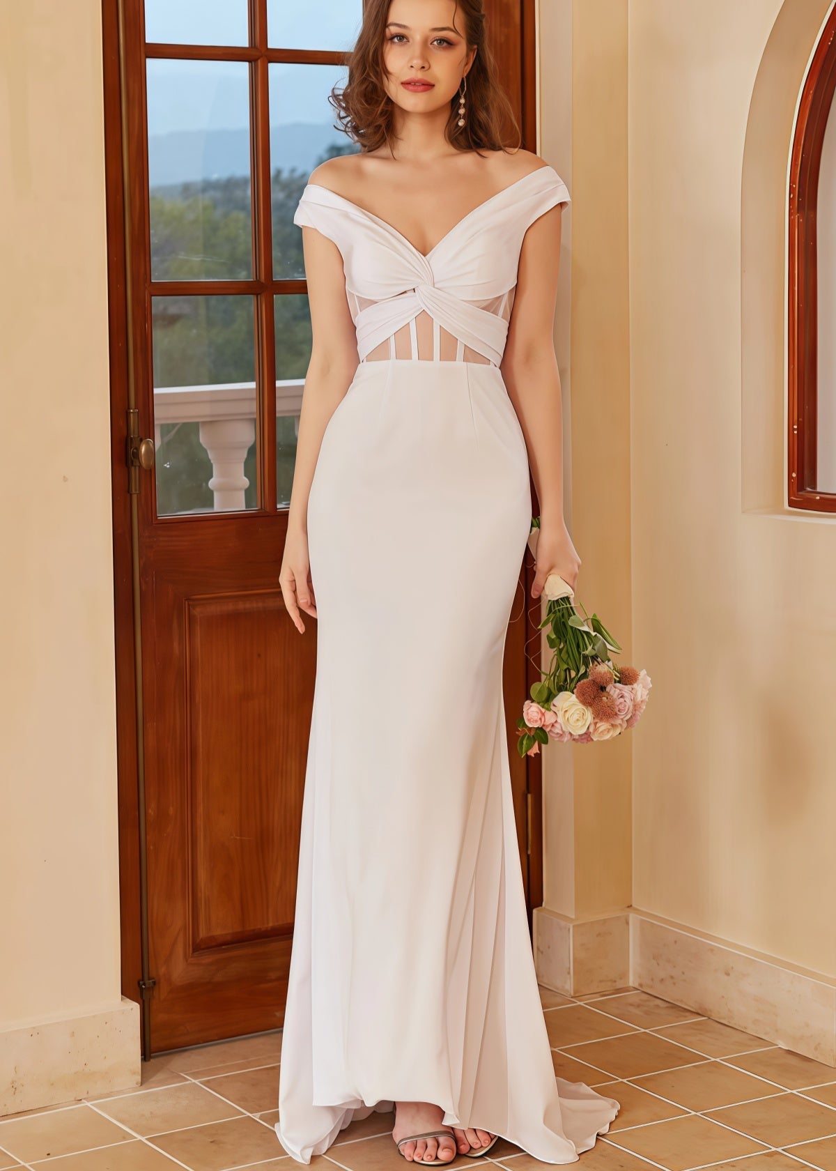 Gustave | Beach Off the Shoulder Backless White Wedding Guset Dress with Train - White - PROMDRESS Club