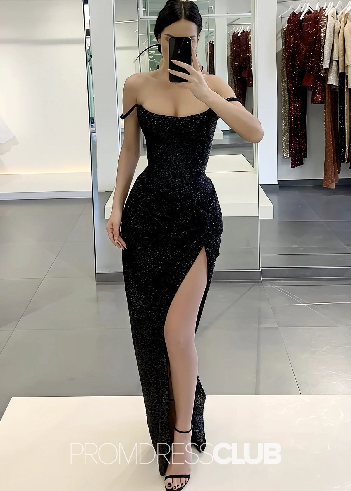 Gustave |Long Black Prom Dresses Near Me With Sheath Off the Shoulder Sequins Split - Black - US0 - PromDressClub